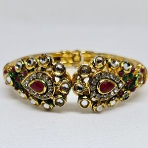 Traditional Jadtar Kada Bracelet Gold Tone Red Green Stones